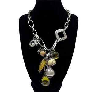Chunky Silver Tone Statement Necklace Multi Charm Pendant Yellow Cream Green 17"